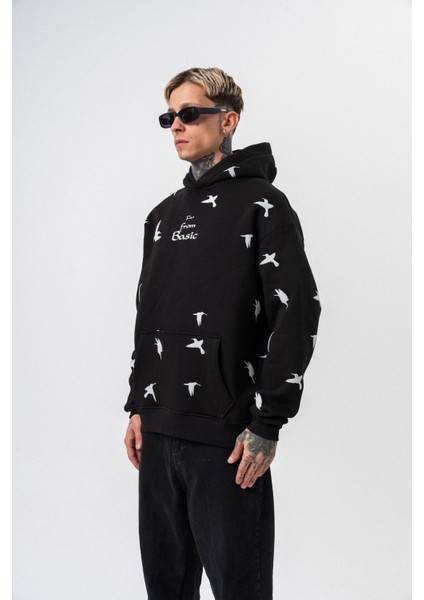 Erkek Far From Basic Baskılı Kapüşonlu Oversize Hoodie Siyah fiyatları