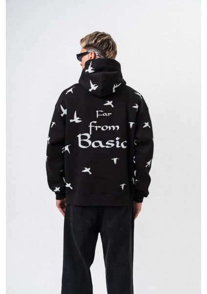 Erkek Far From Basic Baskılı Kapüşonlu Oversize Hoodie Siyah modelleri