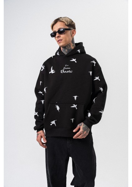 Erkek Far From Basic Baskılı Kapüşonlu Oversize Hoodie Siyah fırsatları