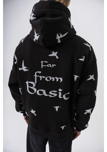 Erkek Far From Basic Baskılı Kapüşonlu Oversize Hoodie Siyah indirimleri