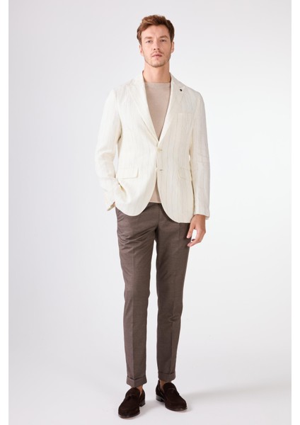 Ekru Erkek Regular Fit Çizgili Sivri Yaka Keten Ceket 104438 fırsatları