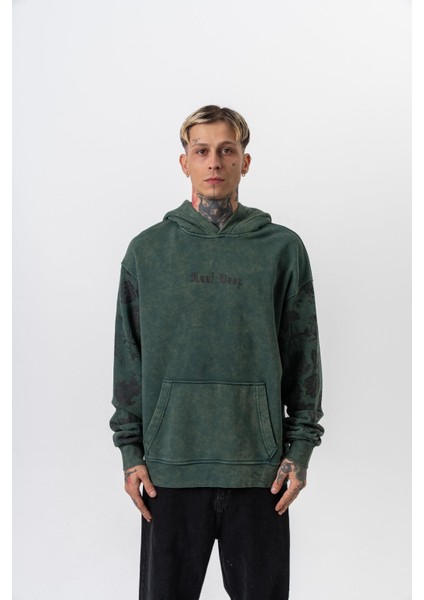 Erkek Root Deep Baskılı Yıkamalı Kapüşonlu Oversize Hoodie Yeşil