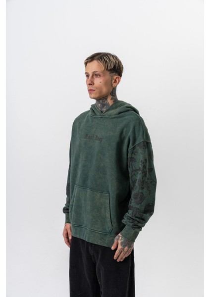 Erkek Root Deep Baskılı Yıkamalı Kapüşonlu Oversize Hoodie Yeşil fiyatları