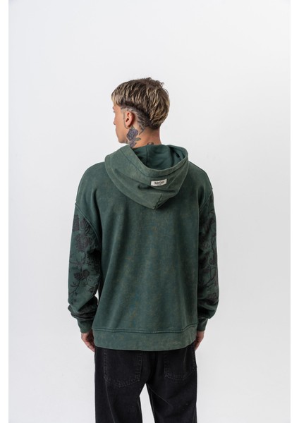Erkek Root Deep Baskılı Yıkamalı Kapüşonlu Oversize Hoodie Yeşil modelleri