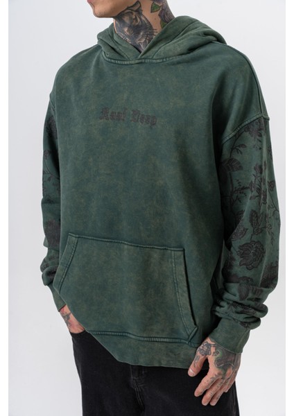 Erkek Root Deep Baskılı Yıkamalı Kapüşonlu Oversize Hoodie Yeşil fırsatları