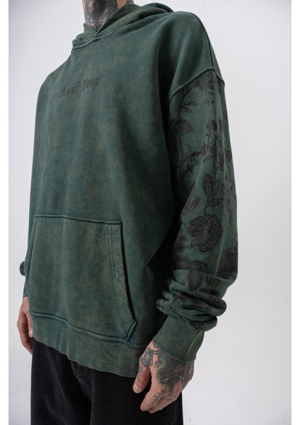 Erkek Root Deep Baskılı Yıkamalı Kapüşonlu Oversize Hoodie Yeşil indirimleri
