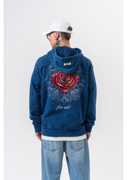 Erkek Fierce Baskılı Yıkamalı Kapüşonlu Oversize Hoodie Indigo