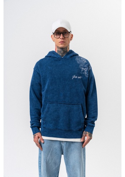 Erkek Fierce Baskılı Yıkamalı Kapüşonlu Oversize Hoodie Indigo fiyatları