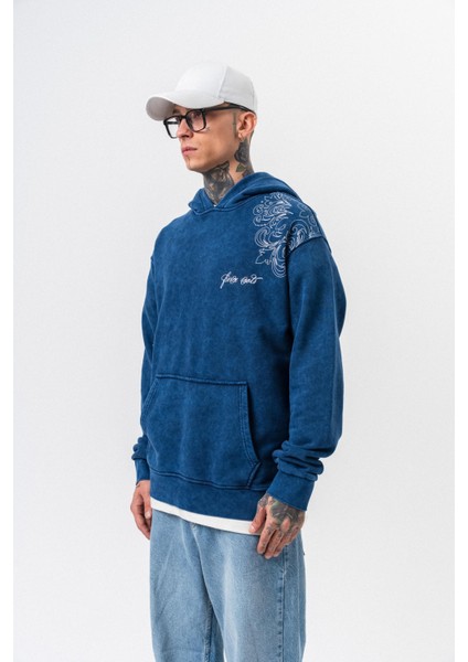 Erkek Fierce Baskılı Yıkamalı Kapüşonlu Oversize Hoodie Indigo modelleri