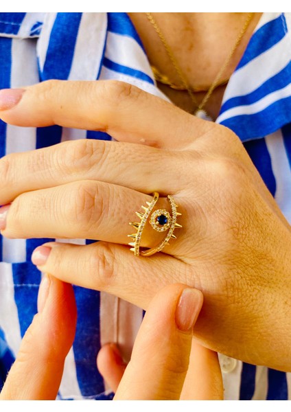 Zirkon Taşlı Altın Renk Safir Taşlı Göz Nazar Ayarlanabilir Yüzük