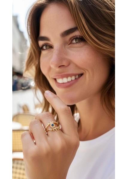 Zirkon Taşlı Altın Renk Safir Taşlı Göz Nazar Ayarlanabilir Yüzük fiyatları