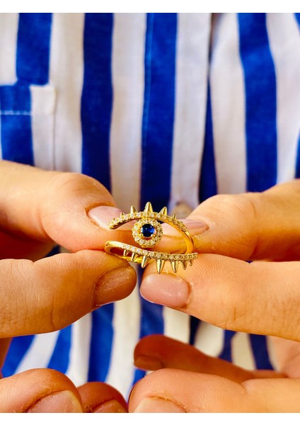 Zirkon Taşlı Altın Renk Safir Taşlı Göz Nazar Ayarlanabilir Yüzük modelleri