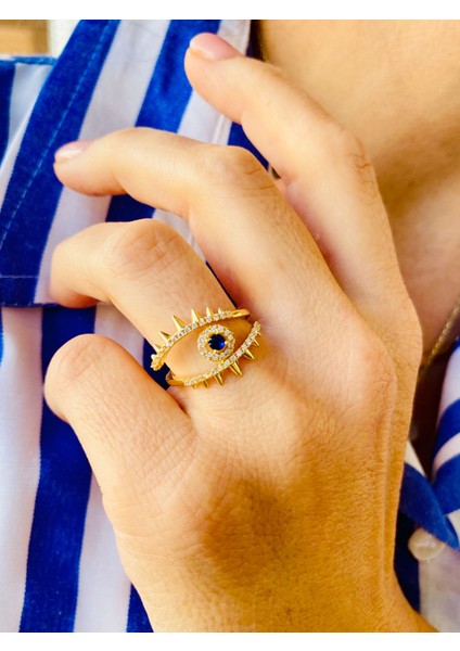 Zirkon Taşlı Altın Renk Safir Taşlı Göz Nazar Ayarlanabilir Yüzük fırsatları