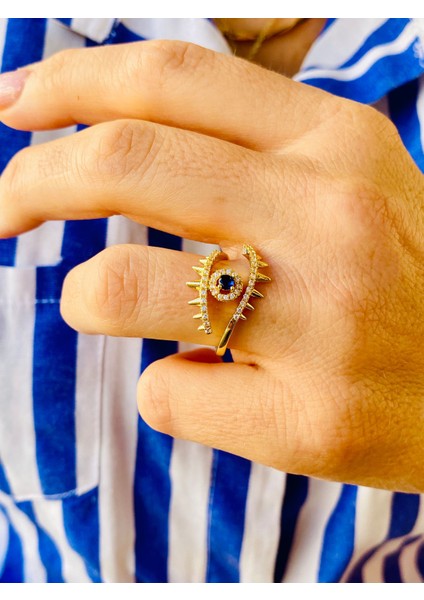Zirkon Taşlı Altın Renk Safir Taşlı Göz Nazar Ayarlanabilir Yüzük indirimleri