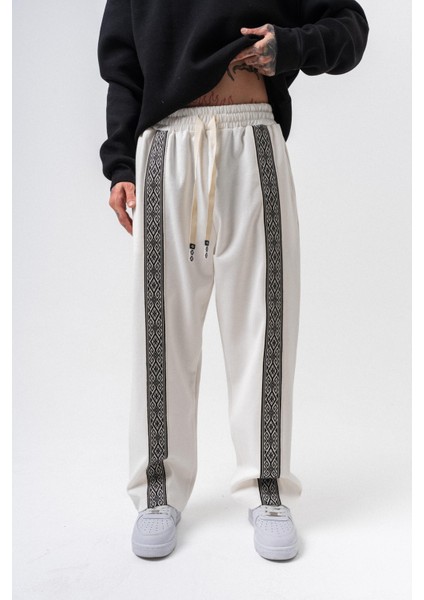 Erkek Etnik Şerit Detaylı Kışlık Doubleface Baggy Eşofman Altı Ekru