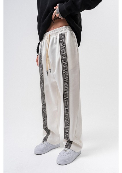 Erkek Etnik Şerit Detaylı Kışlık Doubleface Baggy Eşofman Altı Ekru fiyatları