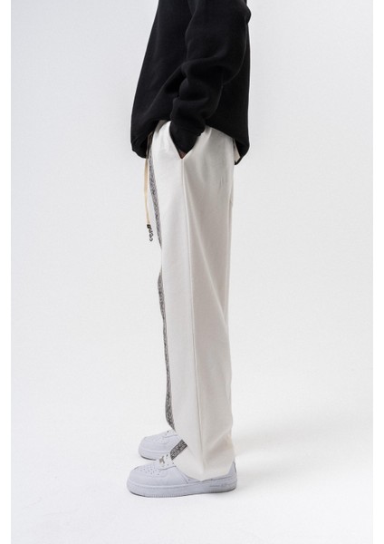 Erkek Etnik Şerit Detaylı Kışlık Doubleface Baggy Eşofman Altı Ekru modelleri