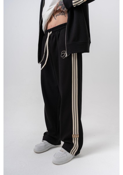 Erkek 3'lü Şerit Detaylı Kışlık Doubleface Baggy Eşofman Altı Siyah