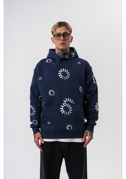 Erkek Upload Baskılı Kapüşonlu Oversize Hoodie Lacivert