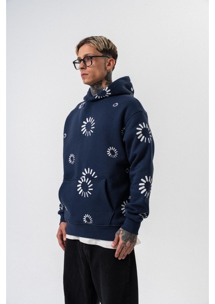 Erkek Upload Baskılı Kapüşonlu Oversize Hoodie Lacivert fiyatları