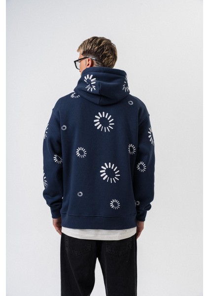 Erkek Upload Baskılı Kapüşonlu Oversize Hoodie Lacivert modelleri