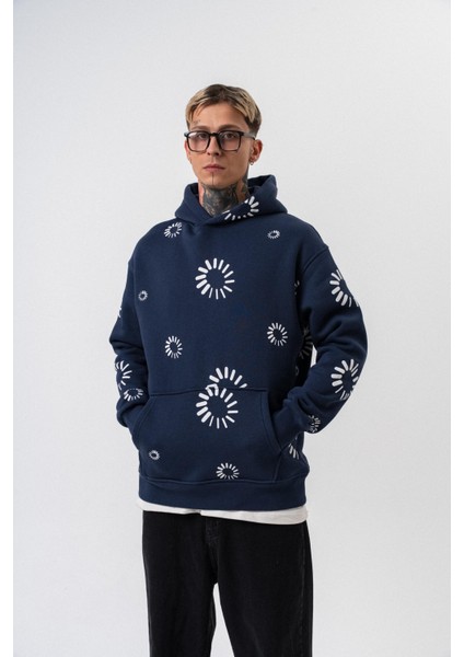 Erkek Upload Baskılı Kapüşonlu Oversize Hoodie Lacivert fırsatları