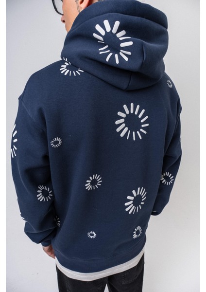 Erkek Upload Baskılı Kapüşonlu Oversize Hoodie Lacivert indirimleri