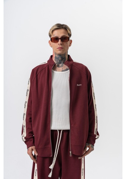 Erkek Respire Şerit Detaylı Dik Yaka Doubleface Zip Oversize Sweatshirt Bordo