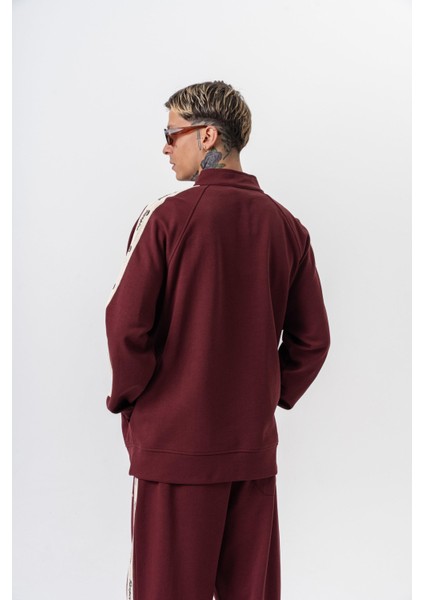 Erkek Respire Şerit Detaylı Dik Yaka Doubleface Zip Oversize Sweatshirt Bordo modelleri