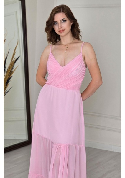Pembe Askılı Dekolteli Elbise 251694
