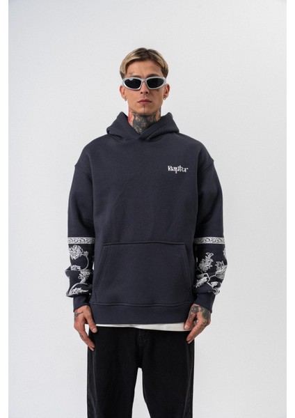 Erkek Raptor Baskılı Kapüşonlu Oversize Hoodie Füme