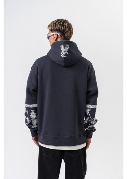 Erkek Raptor Baskılı Kapüşonlu Oversize Hoodie Füme modelleri