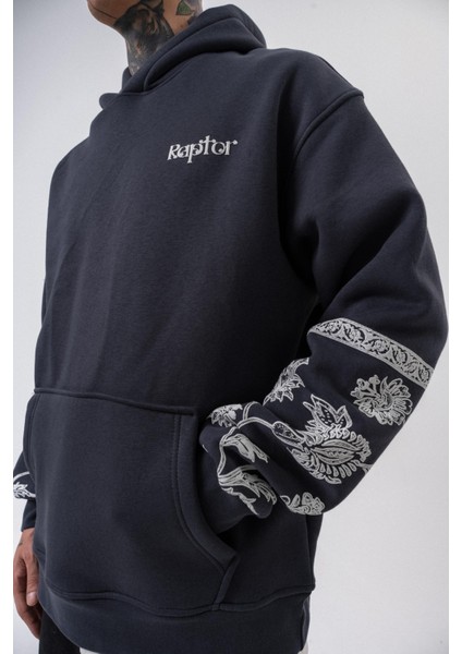 Erkek Raptor Baskılı Kapüşonlu Oversize Hoodie Füme indirimleri
