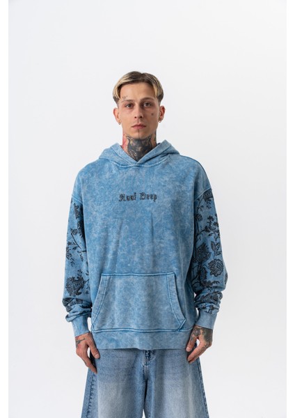 Erkek Root Deep Baskılı Yıkamalı Kapüşonlu Oversize Hoodie Mavi