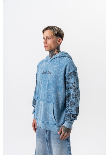 Erkek Root Deep Baskılı Yıkamalı Kapüşonlu Oversize Hoodie Mavi fiyatları