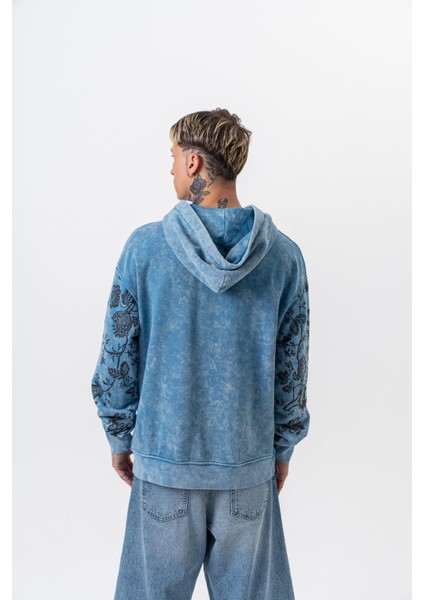 Erkek Root Deep Baskılı Yıkamalı Kapüşonlu Oversize Hoodie Mavi modelleri