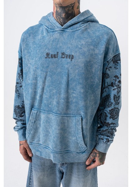 Erkek Root Deep Baskılı Yıkamalı Kapüşonlu Oversize Hoodie Mavi fırsatları