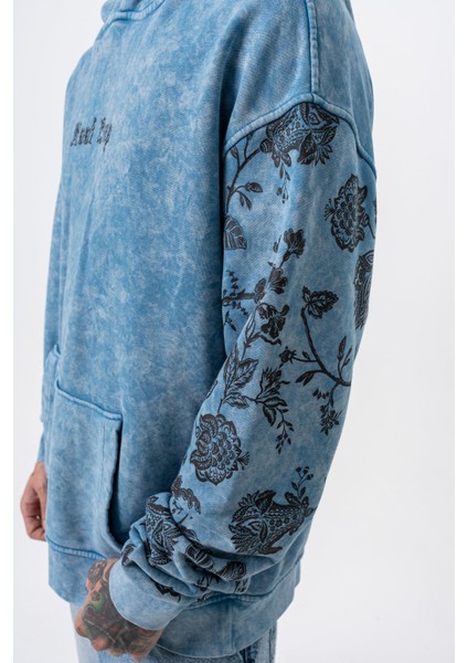 Erkek Root Deep Baskılı Yıkamalı Kapüşonlu Oversize Hoodie Mavi indirimleri