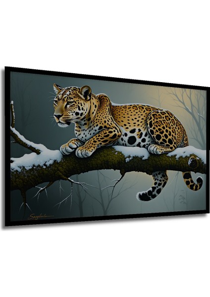 Çerçeve Görünümlü Kar Leoparı Karda Yağlı Boya Görünümlü Ev/işyeri/ofis Dekoratif Ahşap Kare Tablo modelleri