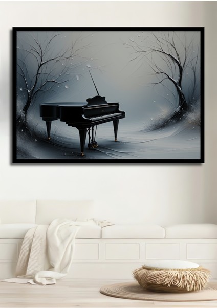 Çerçeve Görünümlü Piyano ve Ağaçların Melodisi Yağlı Boya Görünümlü Dekoratif Ahşap Ofis Kare Tablo