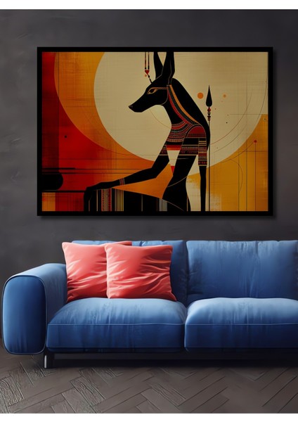 Çerçeve Görünümlü Mısır Tanrısı Anubis Yağlı Boya Görünümlü Ahşap Ofis Kare Tablo