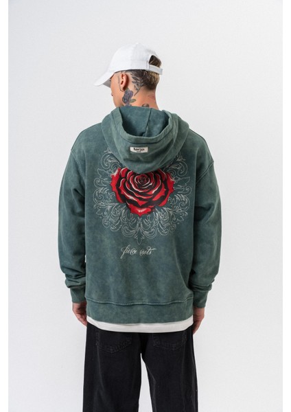 Erkek Fierce Baskılı Yıkamalı Kapüşonlu Oversize Hoodie Yeşil