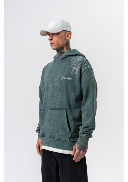 Erkek Fierce Baskılı Yıkamalı Kapüşonlu Oversize Hoodie Yeşil modelleri