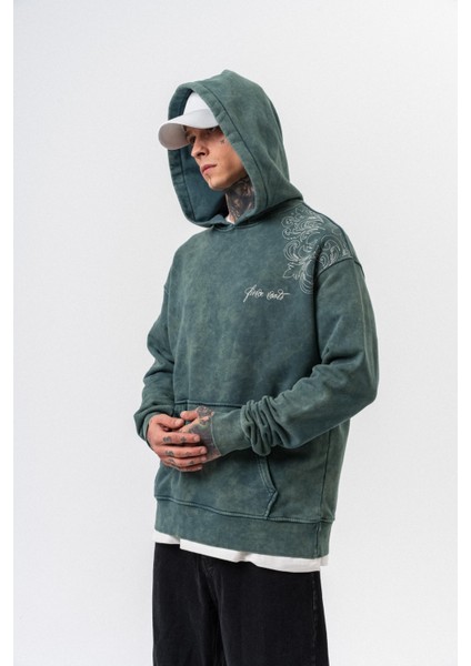 Erkek Fierce Baskılı Yıkamalı Kapüşonlu Oversize Hoodie Yeşil fırsatları