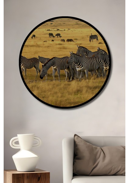 Çerçeve Görünümlü Afrika Savanında Zebra Sürüsü Yağlı Boya Görünümlü Ahşap Ofis Yuvarlak Tablo
