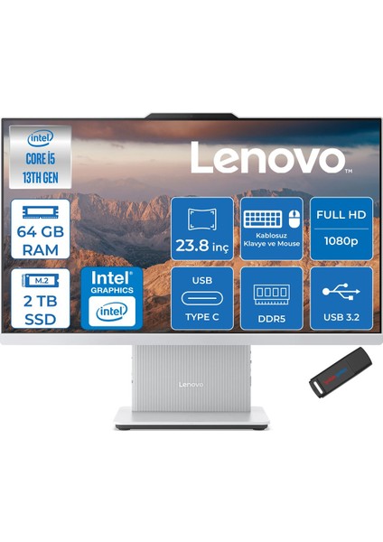 Ideacentre Aıo 24IRH9 Intel Core I5 13420H 64GB Ddr5 2tb SSD Freedos UHD Graphics 23.8" Fullhd (1920X1080) IPS 100Hz 99% Srgb All In One Bilgisayar F0HN0053TRF29 + Zetta Flash Bellek