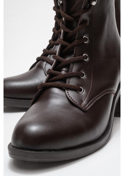 Kadın Topuklu Kancalı Bağcıklı Bot Kahve Cilt