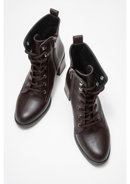 Kadın Topuklu Kancalı Bağcıklı Bot Kahve Cilt