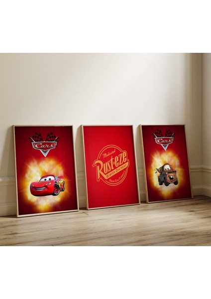 (Çerçevesiz)3 Lü Şimşek Mcqueen, Arabalar Filmi Poster, Çocuk ve Genç Odası, 3'lü Çerçevesiz Poster Seti 3 Adet