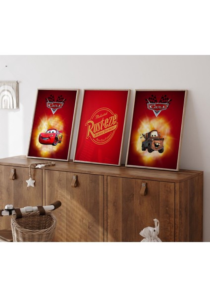 (Çerçevesiz)3 Lü Şimşek Mcqueen, Arabalar Filmi Poster, Çocuk ve Genç Odası, 3'lü Çerçevesiz Poster Seti 3 Adet modelleri